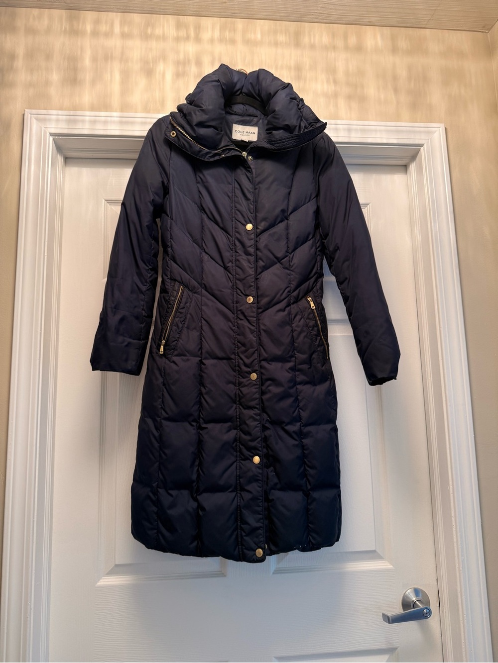 Cole Haan Dark Navy Quilted Long Puffer Coat with High Collar - Picture 4 of 11